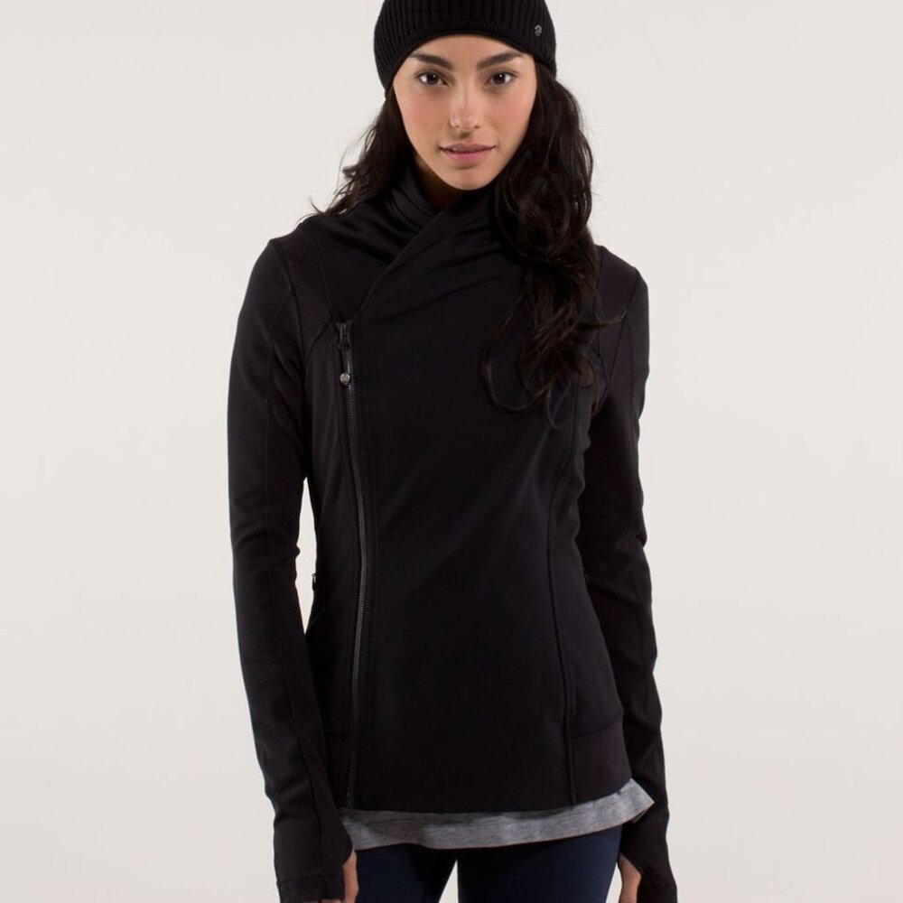 Lululemon Bhakti Jacket, black asymmetrical zip up jacket / sweater, thumbholes